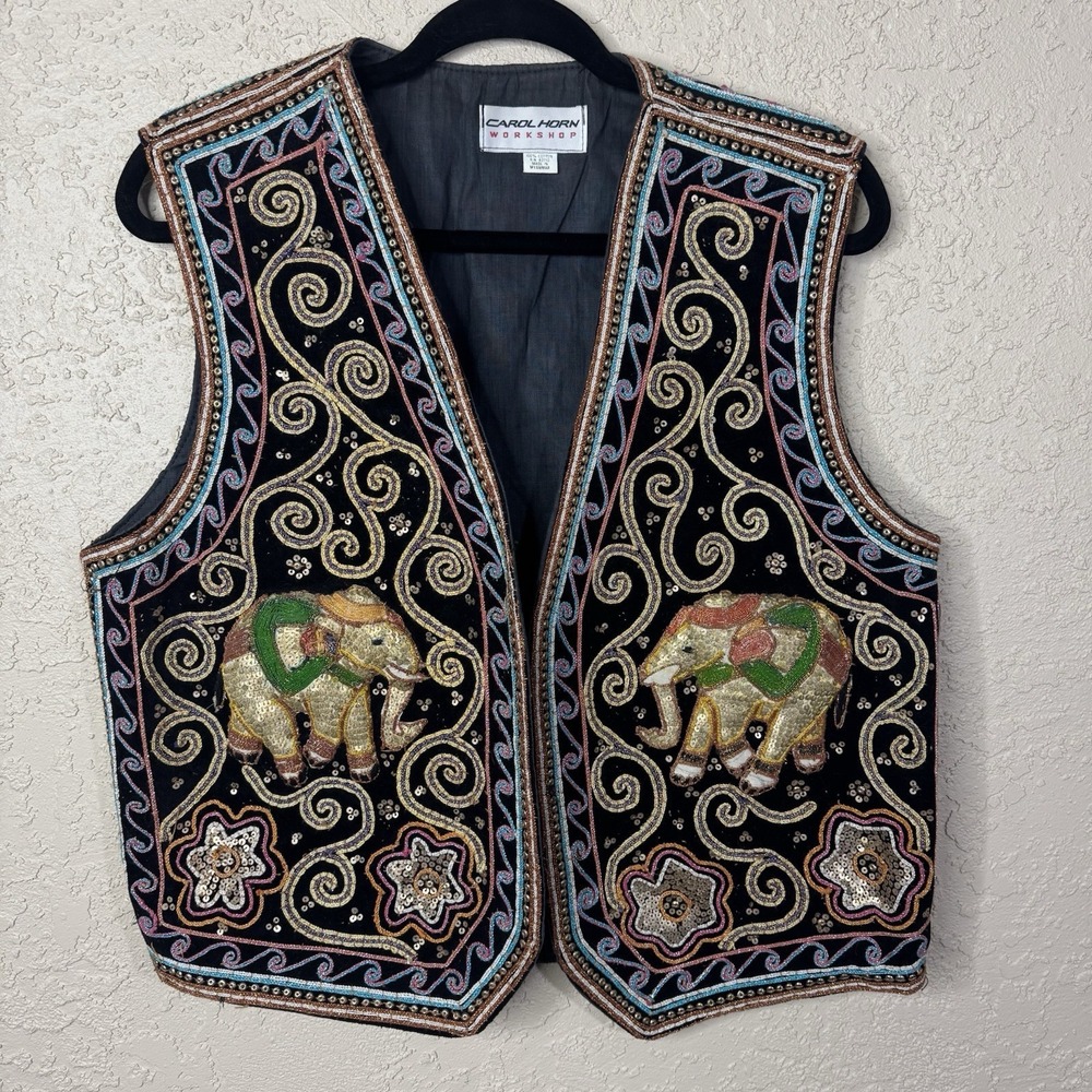 VTG 70s Carol Horn Workshop Vest Mens M/L Indian Elephant Beaded Artsy Ren Fest